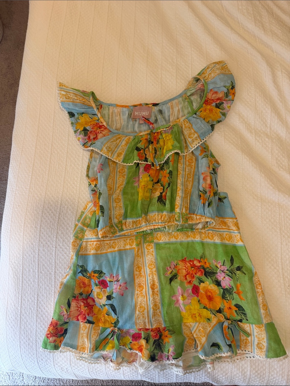 Show Me Your MuMu Floral Ruffle Neck Camisole Dress - Green & Blue